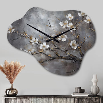 White Grey Cherry Blossum Harmony II - Asymmetric Metal Wall Clock